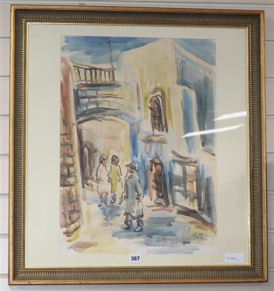 David Gilboa (1910-1976), watercolour, Street view of Jerusalem, with figures, circa 1950s, 56 x 40cm